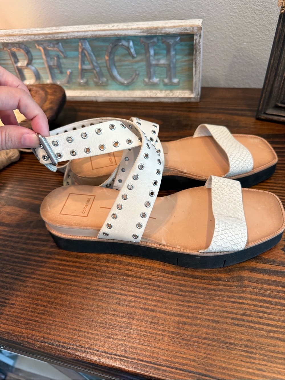Dolce Vita Studded Ankle Strap Sandals Snake Embossed Ivory Leather 7.5